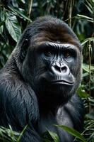 A close-up of a gorilla in a lush, green environment, showcasing its expressive face. photo