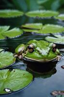 A close-up of a green frog resting on lily pads in a tranquil pond. photo