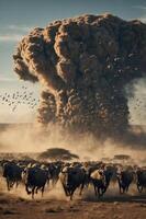 A dramatic scene depicting cattle fleeing from a massive dust cloud or explosion in the background. photo