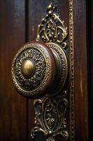 A close-up of an ornate brass door knob on a wooden door, showcasing intricate design. photo