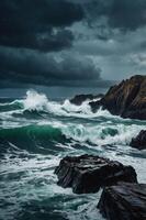 A dramatic seascape featuring crashing waves against rocky cliffs under stormy skies. photo