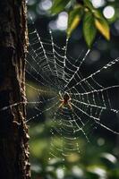A spider web glistens with dew, showcasing nature's intricate design in a lush environment. photo
