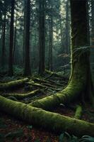A serene forest scene with moss-covered trees and a misty atmosphere. photo