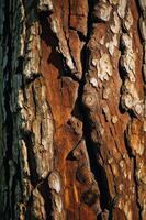 Close-up view of a textured tree bark showcasing natural patterns and colors. photo