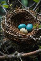 A bird's nest containing three eggs, two blue and one speckled, nestled in twigs. photo