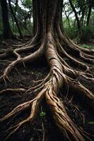A close-up view of intricate tree roots extending into the dark soil of a forest. photo
