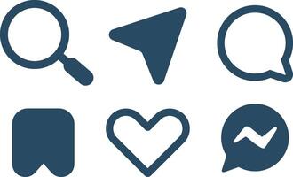 Search, Share, Comment, Save, Bookmark, Like, Direct Message. vector