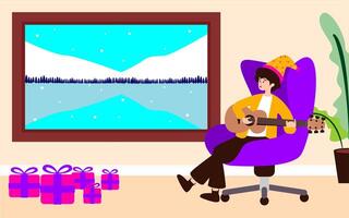 Flat Illustration of A Man Playing Guitar While Celebrating Christmas. Vibing with A Guitar. vector