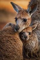 A close-up of a kangaroo and its joey, showcasing their bond in a natural setting. photo