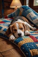A sleeping beagle on a colorful quilt in a cozy cabin setting. photo
