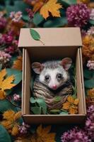 A cute opossum nestled in a box surrounded by autumn leaves and flowers. photo