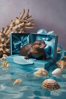 A playful otter emerges from a gift box, surrounded by seashells and coral in a watery setting. photo