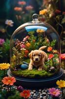 A puppy rests peacefully under a glass dome surrounded by colorful flowers and greenery. photo