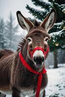 A donkey adorned with a red ribbon stands in a snowy landscape near evergreen trees. photo