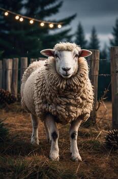 un mullido oveja soportes en un rústico configuración, rodeado por natural elementos y suave Encendiendo. foto