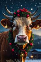 A festive cow adorned with a wreath and bells, set against a snowy backdrop. photo