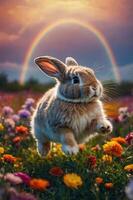A playful rabbit leaps through a colorful flower field under a vibrant rainbow. photo