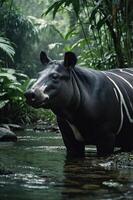 A tapir standing in a serene forest stream surrounded by lush greenery. photo