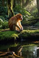 A serene monkey sits by a tranquil river in a lush, green forest, reflecting on the water. photo