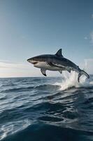 A shark leaps out of the ocean, creating a splash against a clear sky backdrop. photo