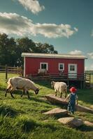 A child in a red hat walks towards sheep near a red barn on a sunny farm. photo