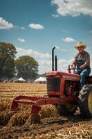 A farmer operating a tractor in a field, showcasing agricultural work and rural life. photo