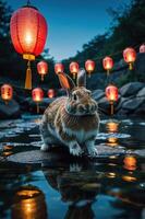 A rabbit stands on a rock by a serene water body, surrounded by glowing lanterns at dusk. photo