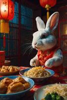 A rabbit in traditional attire enjoys a meal at a festive table adorned with lanterns. photo