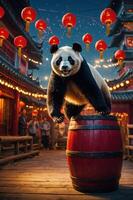 A playful panda leaps atop a red barrel in a vibrant, lantern-lit street scene. photo