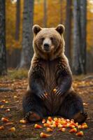 A bear sitting in a forest surrounded by candy corn, creating a whimsical autumn scene. photo