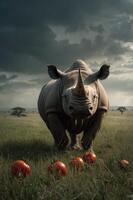 A rhinoceros stands in a field with tomatoes in the foreground under a dramatic sky. photo