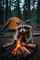 A raccoon sits by a campfire in a forest setting with a tent in the background. photo