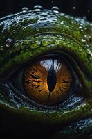 A close-up of a reptilian eye with intricate patterns and droplets of water. photo