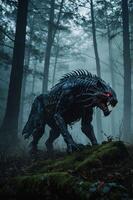 A menacing creature with glowing red eyes stands in a misty forest, exuding a dark aura. photo