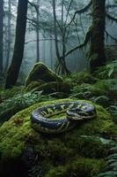 A coiled snake rests on a moss-covered rock in a misty forest, surrounded by lush greenery. photo