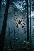 A spider hangs in its web amid a misty forest, creating an eerie yet captivating atmosphere. photo