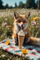 A fox sits in a field with a soft serve ice cream cone, surrounded by flowers. photo