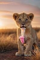 A young lion cub playfully holding an ice cream cone in a sunset landscape. photo