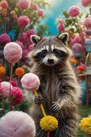 A raccoon holding a colorful stick surrounded by vibrant flowers in a whimsical setting. photo