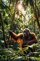 An orangutan in a lush jungle, illuminated by sunlight filtering through the trees. photo
