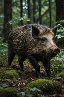 A wild boar stands in a lush forest, surrounded by greenery and moss. photo