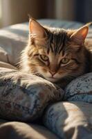 A serene cat resting on patterned pillows in soft, warm light. photo