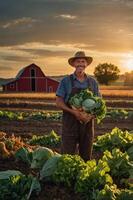 A farmer holds a basket of fresh vegetables in a field at sunset, with a barn in the background. photo