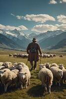 A shepherd guides a flock of sheep in a mountainous landscape under a clear sky. photo
