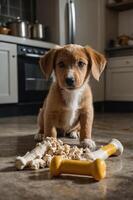 A playful puppy sits near a chew toy and bones in a cozy kitchen setting. photo