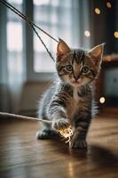 A playful kitten interacts with a string of lights in a cozy indoor setting. photo