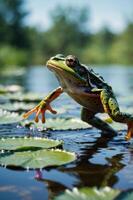 A close-up of a frog perched on lily pads in a serene water setting. photo