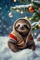 A cute sloth in a cozy hoodie sitting in snow with a decorated Christmas tree. photo
