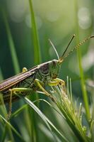 A close-up of a grasshopper resting on green grass, highlighting its intricate details. photo