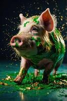 A colorful pig adorned with green and gold splashes, exuding a playful and artistic vibe. photo
